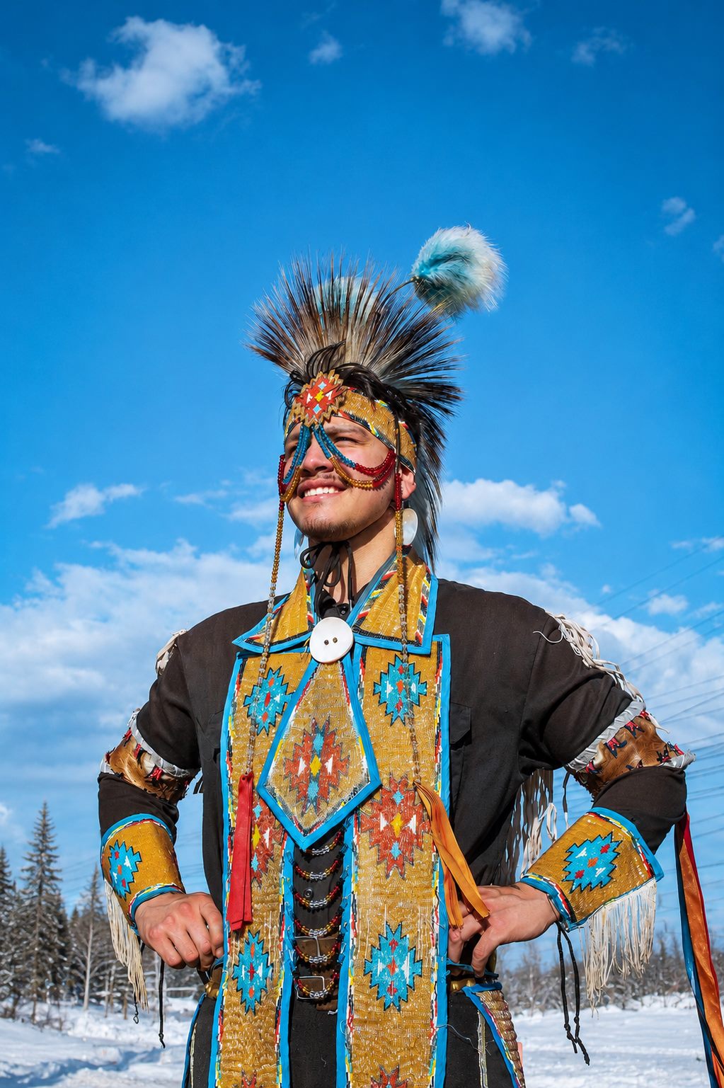 A young First Nations man in beaded powwow regalia and a feather roach headdress, smiling proudly against a bright winter sky