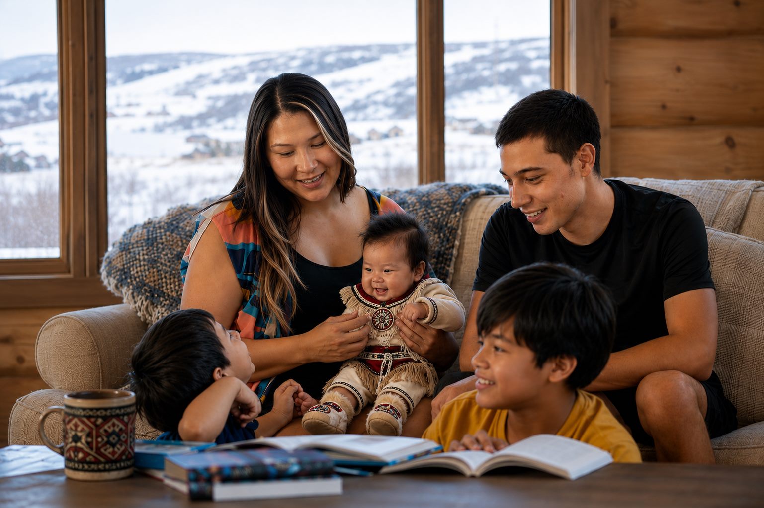A First Nations family (parents, a baby in traditional regalia, and two young boys) reading together at home, with a snowy landscape through the window