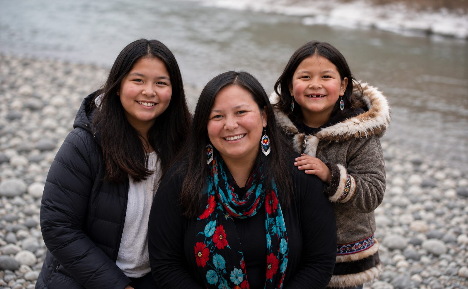 A First Nations mother and her two daughters smiling together outdoors by a river