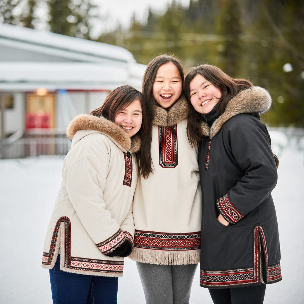 Three young Indigenous women in traditional fur-trimmed parkas smiling together on a snowy day