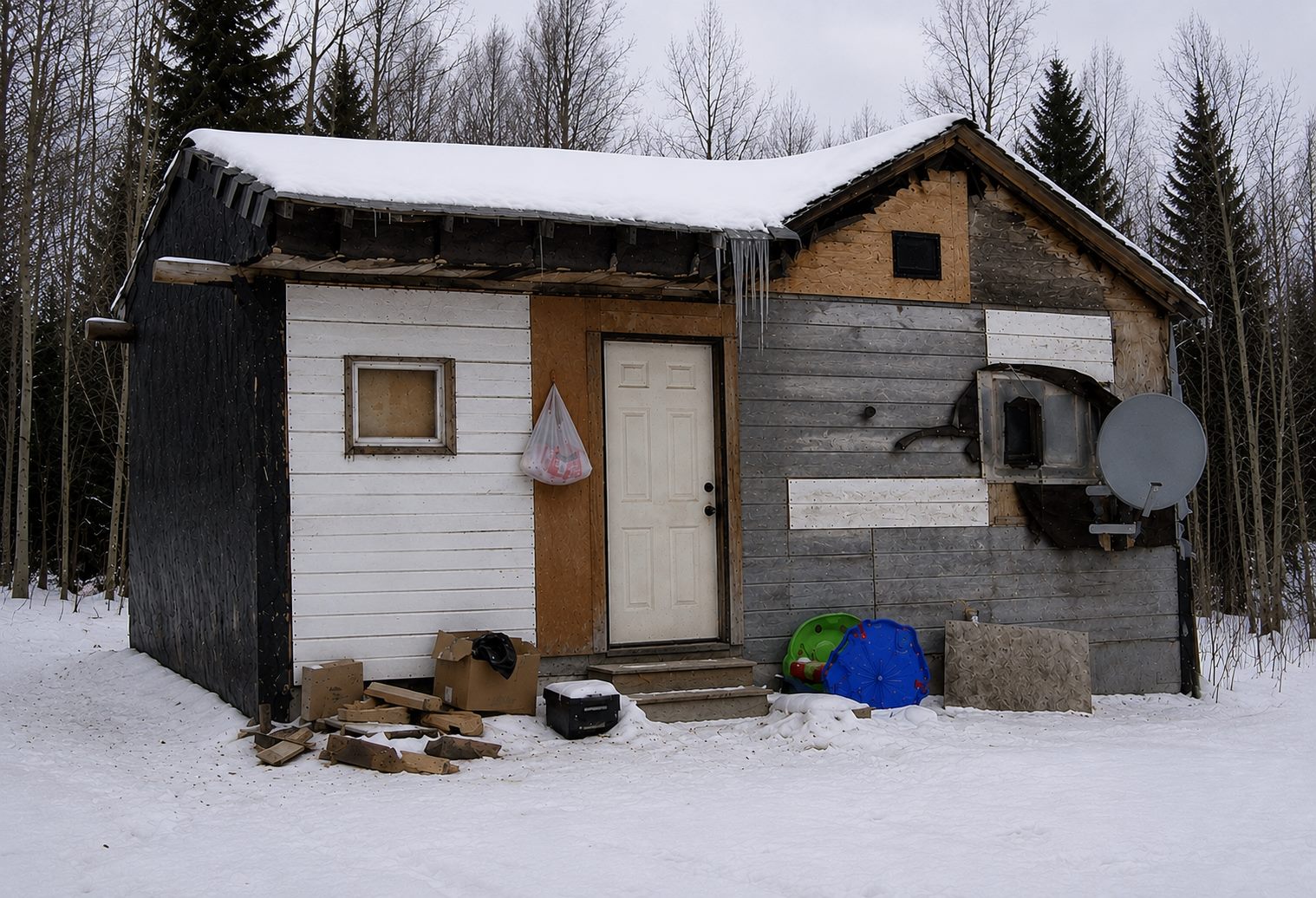 A small home with patched, mismatched siding stands in the snow at the edge of a remote northern forest